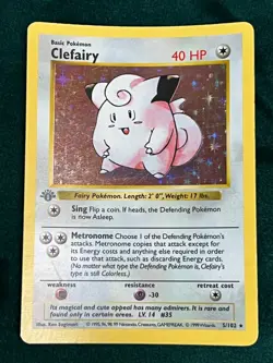 1999 Pokemon Base Set 1st Edition Shadowless Clefairy #5/102 - Rare Holo Card - Image 1