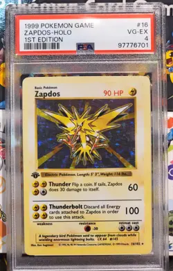Pokemon Base Set Zapdos 16/102 1st Edition Shadowless Holo Rare PSA 4 VG-EX - Image 1