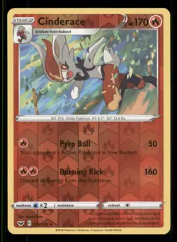 Cinderace (035) SWSH01: Sword & Shield Base Set #035/202 Reverse Holo Pokemon LP - Image 1