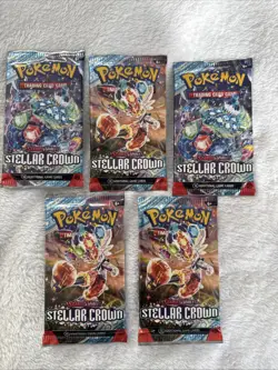 Pokemon Scarlet & Violet Stellar Crown - 5 Factory Sealed Booster Pack Bundles - Image 1