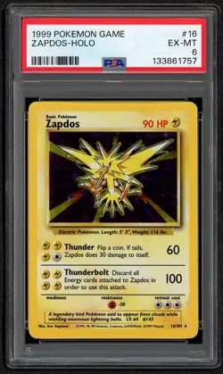1999 POKEMON BASE SET UNLIMITED #16 ZAPDOS-HOLO PSA 6 EX-MT - Image 1