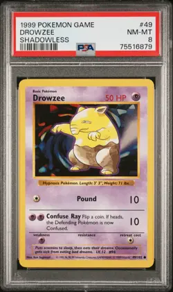1999 Pokemon Game Drowzee Shadowless #49 PSA 8 - Image 1