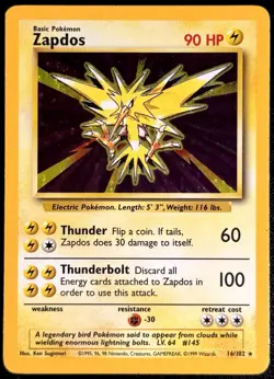 Zapdos 16/102 Base Set Holo Rare Pokemon Card WOTC - Played Condition - Image 1