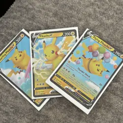 Pokemon Cards Set 3 Cards/Sleeves:Surfing Pikachu V, Flying Pikachu V, Pikachu V - Image 1