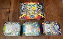 Pokemon TCG Shining Fates Pikachu V Collection New Sealed 4pc Lot 3 Tins 1 Box - Image 1