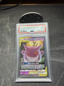 2019 Pokemon Sun & Moon Gengar Mimikyu GX Team-Up FA PSA 9, Holo Card 164/181 - Image 1
