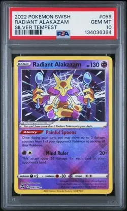 2022 POKEMON SWORD & SHIELD SILVER TEMPEST #059 RADIANT ALAKAZAM PSA 10 - Image 1