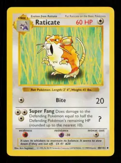 Pokemon Card Raticate 40/102 Shadowless Base Set WOTC Rare Vintage LP 1999 - Image 1