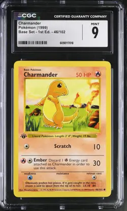 CGC 9 MINT Charmander 1999 Base Set 1st Edition Shadowless 46/102 Pokemon Card - Image 1