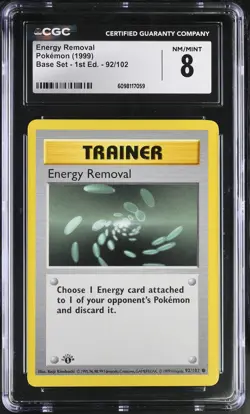 CGC 8 Energy Removal 1999 Base Set 1st Edition Shadowless 92/102 Pokemon Card - Image 1