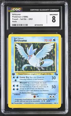 CGC 8 Articuno 1999 Fossil 1st Edition 2/62 Holo Pokemon Card - Image 1