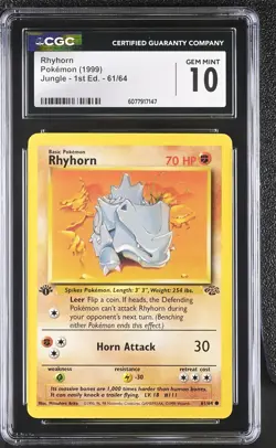 CGC 10 GEM MINT Rhyhorn 1999 Jungle 1st Edition 61/64 Pokemon Card - Image 1