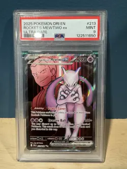 2025 Pokemon DRI EN ROCKET’S MEWTWO Ex ULTRA RARE 213/182 PSA 9 - Image 1
