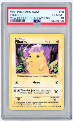POKEMON 1999 BASE SET PIKACHU - YELLOW CHEEKS SHADOWLESS #58 PSA 10 GEM MINT - Image 1