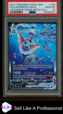 FA/VAPOREON VMAX VAPOREON VMAX PREM.COLL. POKEMON SWSH BSP 2021 182 PSA 10 - Image 1