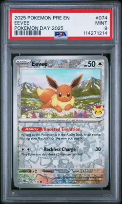 Pokemon Prismatic Evolutions Pokemon Day 2025 Stamped Eevee 074 PSA MINT 9 - Image 1