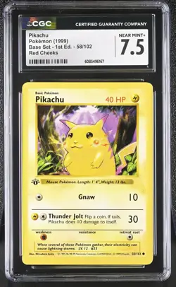 CGC 7.5 Pikachu Base Set 1st Edition Shadowless 58/102 Red Cheeks Pokemon Card - Image 1