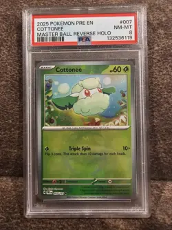 Cottonee Prismatic Evolutions Master Ball Reverse Holo Pokemon TCG 007/131 PSA 8 - Image 1