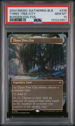 Magic The Gathering BLOOMBURROW BORDERLESS FOIL THREE TREE CITY PSA 10 * Read * - Image 1