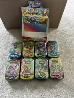 Pokemon Prismatic Evolutions Mini Tin Display Box Full Set 8 Tins Seals Tins - Image 2