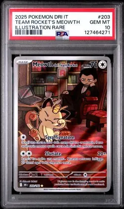 Team Rocket's Meowth 203/182 PSA 10 ITA Pokemon Scarlet & Violet Destined Rivals - Image 1