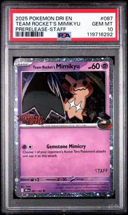 2025 POKEMON DESTINED RIVALS TEAM ROCKET'S MIMIKYU PRERELEASE PSA 10 STAFF PROMO - Image 1