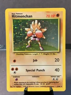 Pokemon TCG Hitmonchan 7/102 Base Set Unlimited Holo Rare 1999 VTG WOTC LP - Image 1
