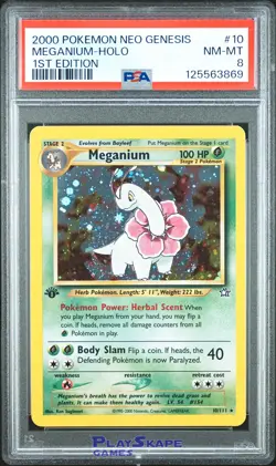 Pokemon Card PSA 8 Meganium 10/111 1ST EDITION Neo Genesis Holo Vintage 2000 - Image 1