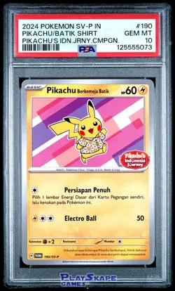 Pokemon Card PSA 10 Pikachu 190/SV-P Indonesian Promo Batik Shirt Journey 2024 - Image 1