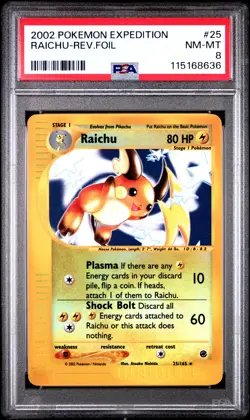 2002 POKEMON EXPEDITION #25 RAICHU-REVERSE FOIL PSA 8 - Image 1