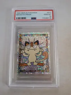 1999 Merlin Pokemon Meowth Prism #S11 PSA 10. POP 19 - Image 1