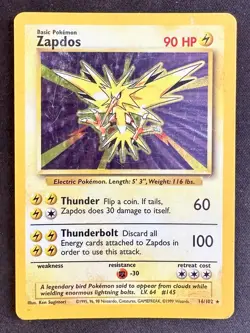 Zapdos 16/102 1999 Base Set Unlimited Pokemon Card WOTC Vintage Holo Rare - Mp - Image 1