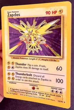 Zapdos 16/102 1999 Base Set Unlimited Pokemon Card WOTC Vintage Holo Rare - Mp - Image 2