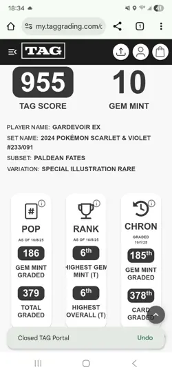 #6 Ranked Tag 10 Gardevoir EX Holo Card 233/091 Paldean Fates Pokemon TCG MINT - Image 3