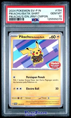 Pokemon Card PSA 10 Pikachu 154/SV-P Indonesian Promo Batik Shirt 2024 - Image 1
