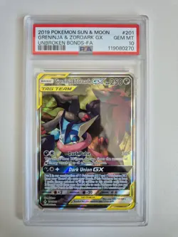 PSA 10 Greninja & Zoroark GX Alt Art 201/214 Pokemon SM Unbroken Bonds GEM MINT - Image 1