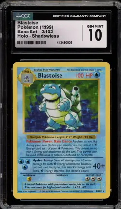 Pokemon Blastoise Base Set Shadowless Holo Rare #2 CGC 10 Gem Mint - Image 1