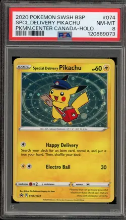 Pokemon Special Delivery Pikachu P.M. Center Canada Holo Promo SWSH074 PSA 8 - Image 1