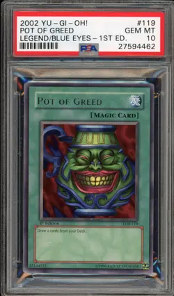 Yu-Gi-Oh! Pot of Greed Legend of Blue Eyes 1st Edition Rare LOB-119 PSA 10 - Image 1