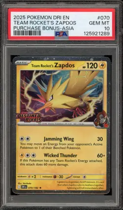 Pokemon Team Rocket's Zapdos Destined Rivals Purchase Bonus ASIA #070 PSA 10 - Image 1