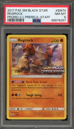 Pokemon Regirock Crimson Invasion STAFF Prerelease Holo Promo SM74 PSA 8 - Image 1
