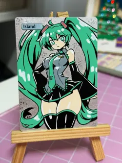 Hand Painted Altered Art Mtg land card Anime Island Girl Singer - Image 1