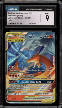Pokemon Reshiram & Charizard GX Unbroken Bonds Holo Ultra Rare #20 CGC 9 Mint - Image 1