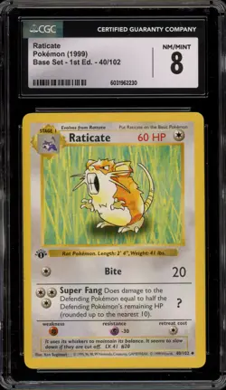 Pokemon Raticate Base Set Shadowless 1st Edition #40 CGC 8 - Image 1