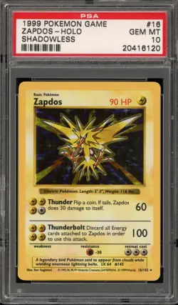 Pokemon Zapdos Base Set Shadowless Holo Rare #16 PSA 10 Gem Mint - Image 1