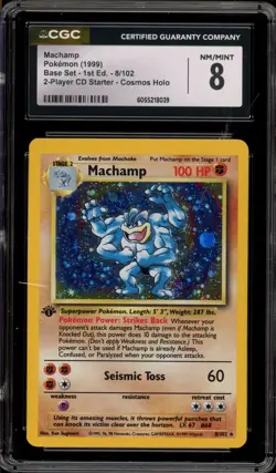Pokemon Machamp Base Set 1st Ed Cosmos Holo #8 Scratched Case CGC 8 - Image 1