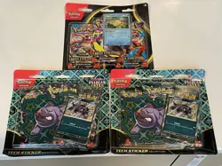 Pokemon Paldean Fates Mega Evolution Tech Sticker Collection 3-Pack Blister x3 - Image 1