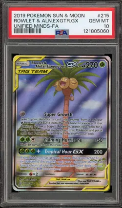 Pokemon Rowlet & Alolan Exeggutor GX Unified Minds Full Alt Art #215 PSA 10 - Image 1