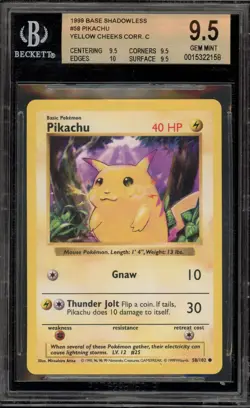 Pokemon Pikachu Base Set Shadowless Yellow Cheeks #58 BGS 9.5 - Image 1