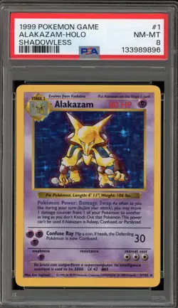 Pokemon Alakazam Base Set Shadowless Holo Rare #1 PSA 8 - Image 1